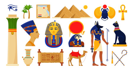 Egypt traditional symbols ancient civilization mythology and archeology set isometric vectorのイラスト素材