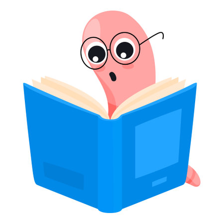 Bookworm funny cartoon character worm reading book isometric vector illustrationのイラスト素材