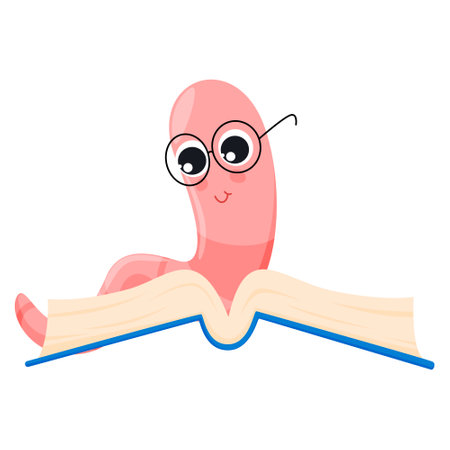 Bookworm funny cartoon character worm reading book vector flat illustrationのイラスト素材