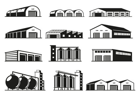 Diverse types of commercial and industrial warehouses illustrated in various designs and structuresのイラスト素材