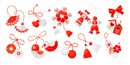 Martisor Romanian holiday romantic spring symbols set vector flat illustrationのイラスト素材