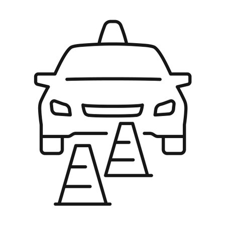 Driving school icon featuring a car and traffic cones for learner education in safe driving practicesのイラスト素材