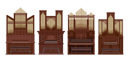 Pipe organ traditional church classical musical instrument set vector flat illustrationのイラスト素材