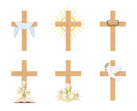 A set of Christian crosses, each accompanied by corresponding Christian symbols such as lilies, crown of thorns and dove, perfect for spiritual projects or religious themesのイラスト素材