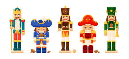 A vector set of assorted Nutcracker figures, each Nutcracker presented in a unique and vibrant design, ready for Christmas holidays and traditions.のイラスト素材