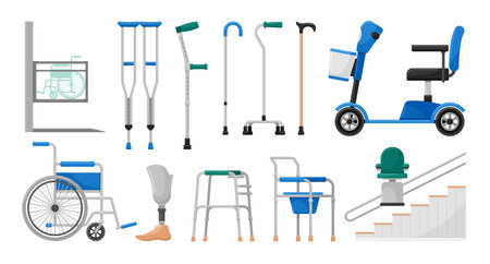 Vector set of accessories for people with disabilities, including wheelchairs, crutches, canes, scooters and other mobility aids and equipment on a white backgroundのイラスト素材