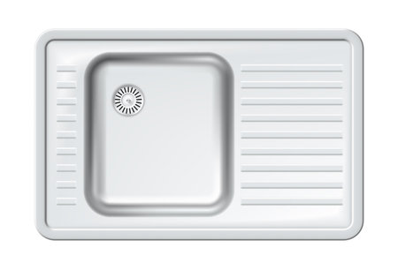 Illustration of the design of a single bowl metal sink with drain hole for use in kitchens in modern homes.のイラスト素材