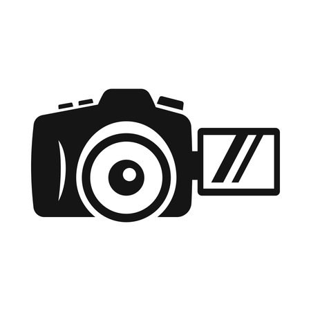 A digital camera icon on a white background, featuring a large lens and a flip-out screen. This icon represents modern photographic equipment suitable for a variety of design applications.のイラスト素材