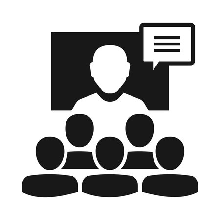 Professional online presentation icon depicting a speaker and audience engaged in virtual communicationのイラスト素材