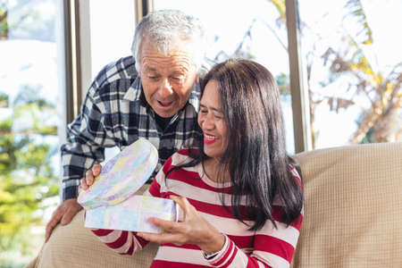 Old couple in valentines day with an amazing surpriseの写真素材
