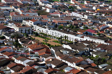 Aerial view of the structure of houses in the streets of Burguillos del Cerro, Extremadura, Spainの写真素材