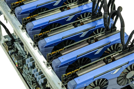 Close-up and selective focus a graphic card of computer working for bitcoin mining, , isolated on...