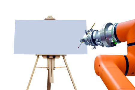 Close-up of an industrial robot it's installed a brush for paint on an empty plastic sheet rests on a drawing stand, isolated on white background, industrial 4.0の写真素材