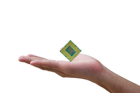 CPU processor on hand a man, hardware for upgrade on PC Desktop, laptop, mobile and ai robot,...
