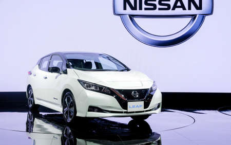 Nonthaburi-Thailand 28 NOV 2018: Nissan LEAF, zero-emission 100% electric car show on display at The 35th Thailand International Motor Expo 2018 on 28 NOV - 10 DEC 2018 at IMPACT Challenger Muang Thonのeditorial素材