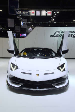 Nonthaburi-Thailand 14 JULY 2020: White supercar convertible Lamborghini on display at The 41st Bangkok International Motor Show on 14 - 26 JUL 2020 at Impact Challenger Muang Thong Thaniのeditorial素材