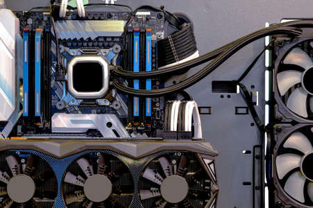 Close-up and inside Desktop PC Gaming and Water Cooling CPU, interior on Computer PC case and...