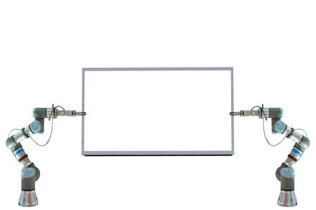 Industrial robotics gripping blank digital billboard for use announce information or put on text and anything, isolated on white background, industry 4.0 conceptの写真素材