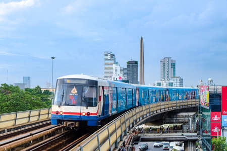 Bangkok-Thailand AUG 21 2019: BTS Sky Train on cityscape background in daytime , Sky Train is a mass...