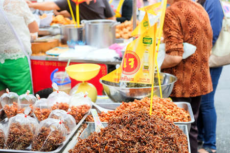 Bangkok-Thailand OCT 7 2018: Vegetarian food in the market on Vegetarian Festival. vegetarian food is cooked without meat. vegetarian food will have a yellow flag displayed at the foodのeditorial素材