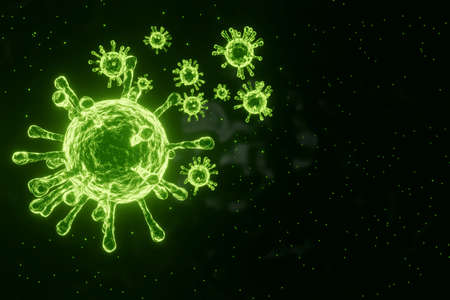 Green virus cell bacteria on 3D render, medical and science conceptの写真素材