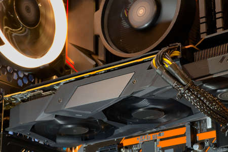 Close-up and inside high performance Desktop and cooling system on CPU socket with LED RGB light...