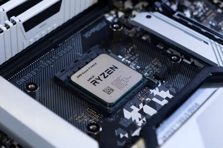 Bangkok-Thailand 12 OCT 2020: Close-up AMD Ryzen 9 3900X Processor that installed on CPU socket AM4...