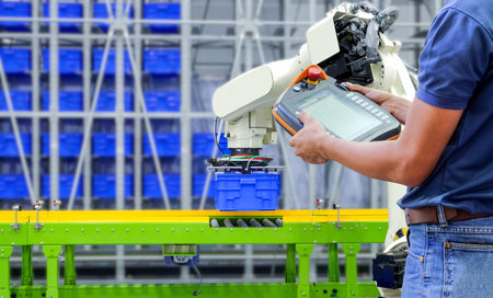 Close-up half body part of technician who using wireless remote to setting program for control...