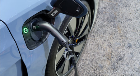 Close-up EV Car charging battery energy with plug charge from industrial electric charging machine...