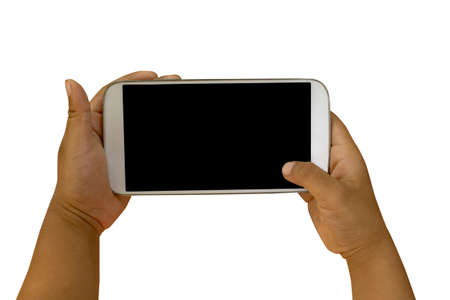 children hand holding smartphone on whith background.