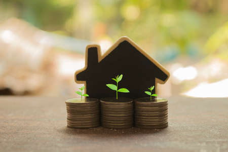 stack coins and house wood model ,concept idea for save and purchase house,growth businessの写真素材