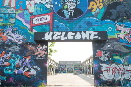 HUA HIN ,THAILAND - May30,2015 :Graffiti abandoned old factory structure.Main Street entrance to the townのeditorial素材