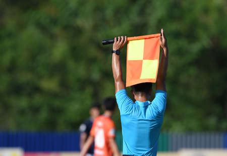 Assistant referee hold flag , substitution signalの写真素材