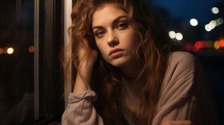 Close-up of the face of a European woman, emphasizing the eyes, the color of her eyes and the sunlight hitting her face.の素材