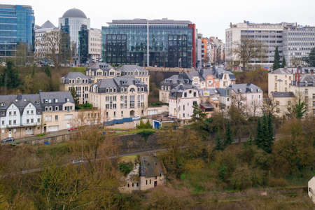 Cityscape of Luxembourg City  in the rain: old town part with the downtown in the background. Luxembourg City, Luxembourg (Grand Duchy) - April 3 2016のeditorial素材