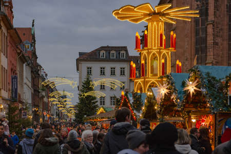 German traditional Christmas market and decoration in the evening. Heidelberg, Germany - December 4 2016のeditorial素材