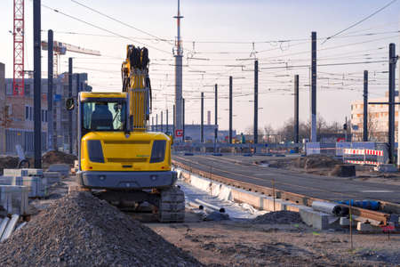 Construction of the new railway. Tram line and installation of rails in the residential district Bahnstadt. Heidelberg, Germany - February 18 2018のeditorial素材