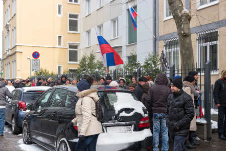 Frankfurt am Main, Germany - March 18 2018. Waiting for the voting opportunity: Queue of the voters in front of the Russian Consulate during the election of Russian President 2018のeditorial素材