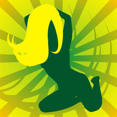 Green silhouette of the girl with yellow hair on a yellow background with stripsのイラスト素材