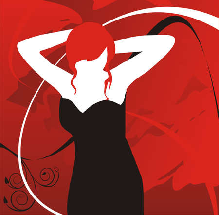 Figure of the girl in a black dress on a red background with red and white wavesのイラスト素材