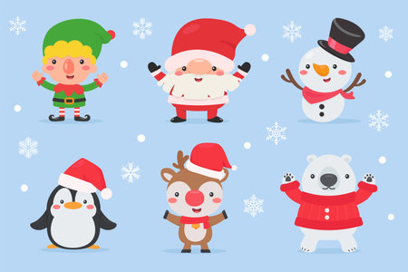 Christmas cute cartoon character set Isolated on winter snow falling backgroundのイラスト素材