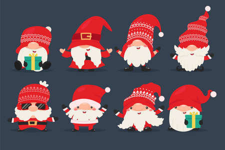 Dwarf gnomes wear red dresses and hats celebrating Christmas in winter.のイラスト素材