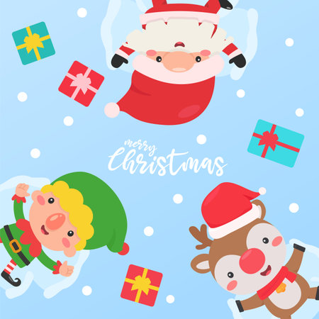 Santa Elf and Reindeer sleep in the snow with a gift box given to the childrenのイラスト素材