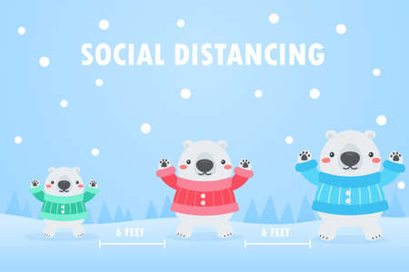 White bear family Social distance to protect against the virus in the snowy winter of Christmas.のイラスト素材
