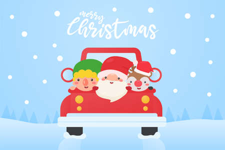 Santa Elf and Reindeer On the red pickup truck To go to celebrate Christmas in the snowy winterのイラスト素材