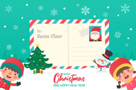 Letter to Santa. Children who write letters to Santa at Christmas Snowy winter.のイラスト素材