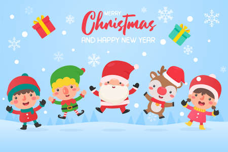 Santa and friends Together to jump on the snow Because there is joy in the winter of Christmasのイラスト素材