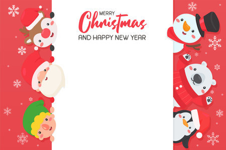 Cartoon santa and friends get together to celebrate christmas Leave space for adding text.のイラスト素材