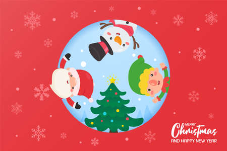 Santa Elf and Snowman together to decorate the Christmas tree with red balls in winter.のイラスト素材