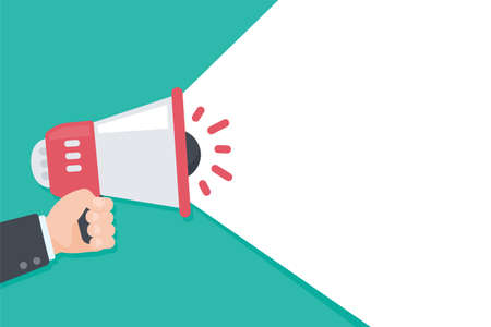 The hand holding a megaphone shouts loudly into bubbles for your message.のイラスト素材